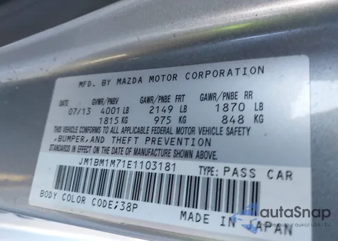 2014 Mazda Mazda3 I Grand Touring z USA, uszkodzony, nr VIN JM1BM1M71E1103181